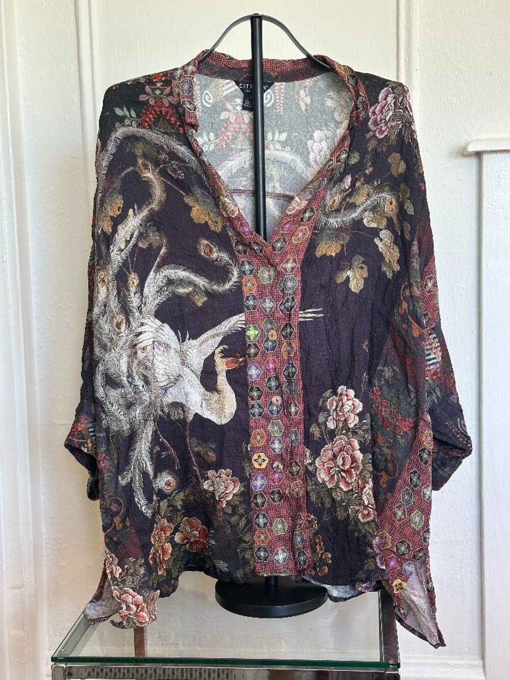 Citron Santa Monica Silk Blend Peacock Crane Blouse 3X Art to Wear